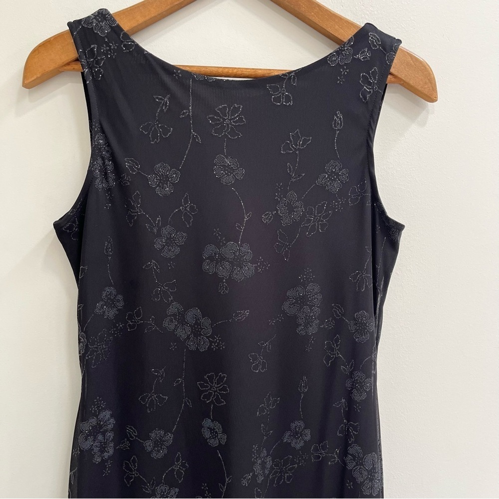 Vintage Y2K Black Floral Silver Glitter Sheer Overlay Mesh Dress Ruffle Hem L - Picture 5 of 11